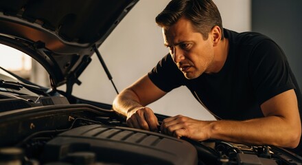 Man inspecting a car engine under an open hood. Concentrated mechanic fixing a vehicle problem in a workshop. Automotive maintenance and repair service