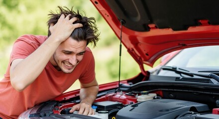 Stressed man with car trouble looking under the open hood of his vehicle. Frustrated driver dealing with an engine breakdown and needing roadside assistance