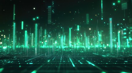 Digital cityscape representing data processing and network communication