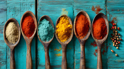 Ultra-realistic arrangement of handcrafted wooden spoons with colorful spices including turmeric, paprika, and cinnamon on turquoise wood grain
