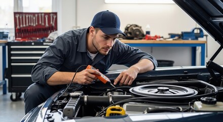 Focused mechanic performing car diagnostics with a tool. Auto technician repairing a vehicle engine in a service garage