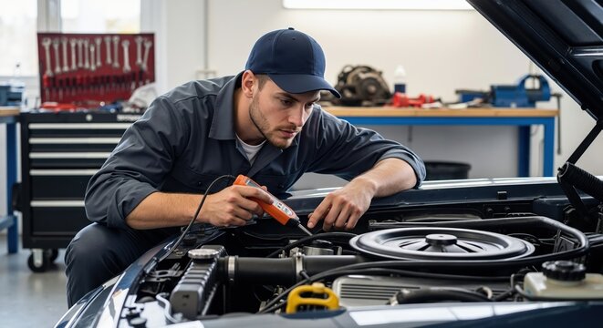 Focused mechanic performing car diagnostics with a tool. Auto technician repairing a vehicle engine in a service garage