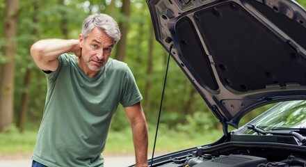 Stressed middle-aged man looking at his broken down car with the hood open. Driver experiencing engine trouble and vehicle failure on the roadside