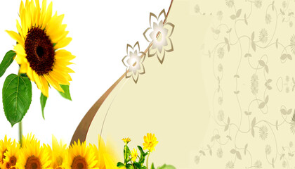 Cheerful illustration with bright sunflowers and lush green leaves, set against a soft, elegant floral background, creating a warm and inviting natural scene