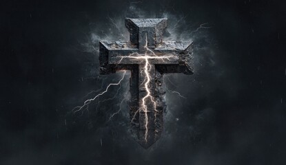 A stone-like cross with lightning piercing through, set against a dark, stormy backdrop