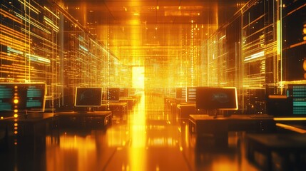 Digital data network lines flowing through server room