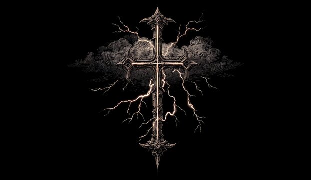 Gothic cross with lightning striking through storm clouds, set against a black background