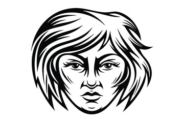 Striking depiction showcases a woman's intense gaze and bold black hair in graphic