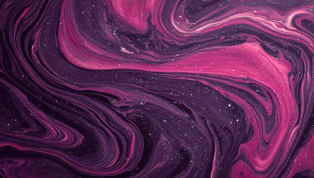 Swirling abstract liquid art in dark violet, magenta, and speckles of teal creating a fluid pattern