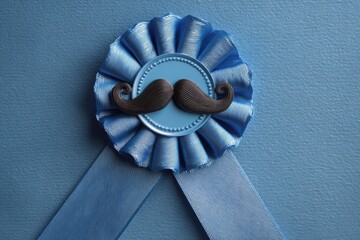 A blue ribbon with a mustache on it