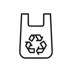 Illustration of a plastic bag with a recycling symbol on it in black outline on a white background