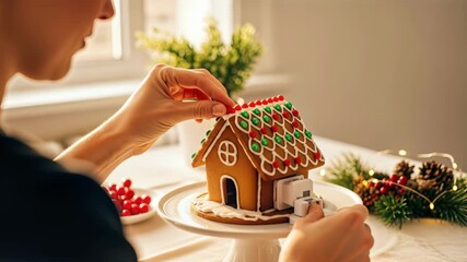 Woman decorates gingerbread house with red and green candies. Preparing for Christmas and New Year holidays with festive baking activities, perfect for holiday marketing campaigns. - Powered by Adobe