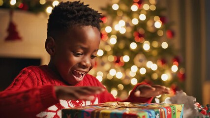 An excited young Black boy joyfully opening a Christmas gift. A happy child unwraps a present with a surprised expression in front of a festive tree. The magic of childhood holidays - Powered by Adobe