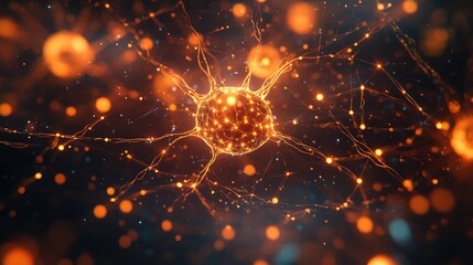 Glowing neuron cell connecting to neural network