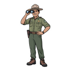 Fototapeta premium Park ranger with hat and binoculars transparent background.