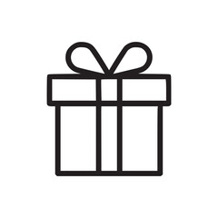 A simple black outline illustration of a gift box with a bow on a plain white background center aligned