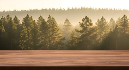 Empty Wooden Table with Golden Hour Misty Forest Background