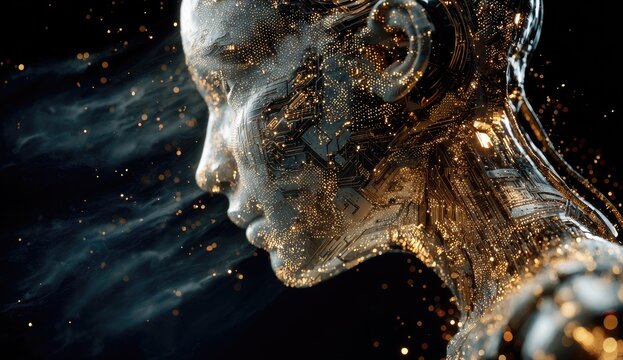 Profile view of a metallic female head sculpture with glowing golden particles and swirling mist - Powered by Adobe