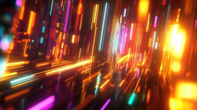 Digital neon light trails streaming data cityscape background - Powered by Adobe