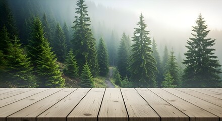 Tranquil Misty Evergreen Forest with Empty Wooden Table Top