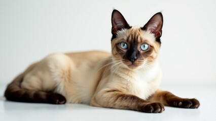 A Siamese cat lying down on a white background, looking straight ahead