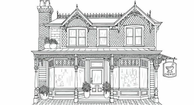 Architectural sketch of a vintage Victorian house converted into a boutique with porch columns, roof ornamentation, framed windows, and heritage commercial charm.