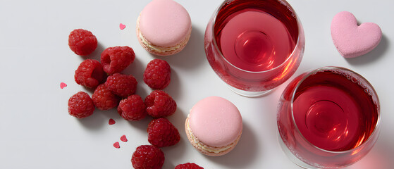 Romantic setting with pink macarons, raspberries, and drinks for a special occasion