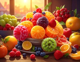 A vibrant, sunny still life showcases a medley of fresh, colorful fruits atop a wooden surface, near a window with a warm sunset