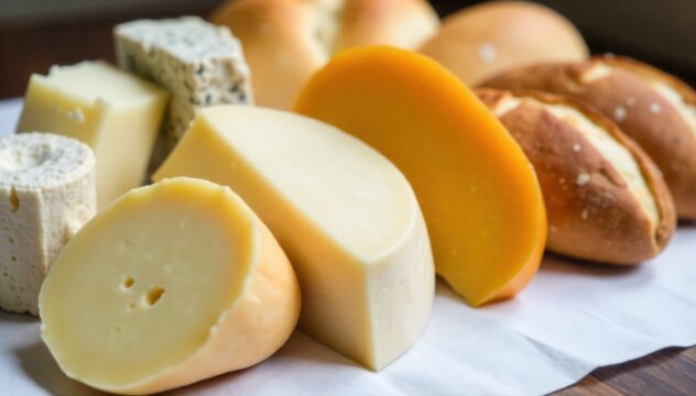 Overhead view of a meticulously arranged selection of artisanal cheeses and crusty breads on a linen tablecloth. Top down view of a carefully arranged selection of artisanal cheeses and crusty loaves