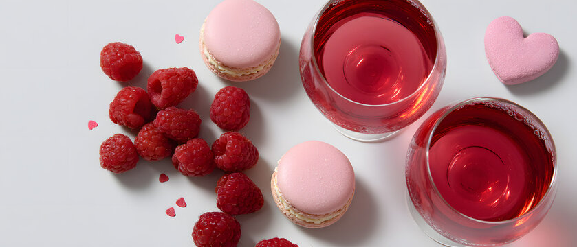 Romantic setting with pink macarons, raspberries, and drinks for a special occasion