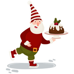 Christmas Gnome Ice Skating with Holiday Pudding - Cute Winter Illustration. Perfect for greeting cards, seasonal invitations, posters, stickers, children’s books