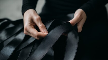 Somber black funeral ribbons in hand for emotional tribute indoor scene