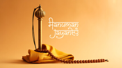 A golden staff with a beaded rosary resting on a folded cloth, set against a warm background with the text 'Hanuman Jayanti'.