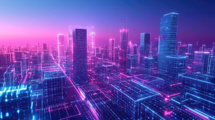 Futuristic digital cityscape network with glowing neon lines