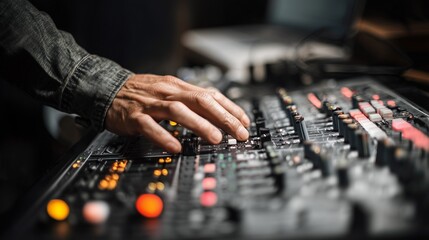 Sound engineer hands adjusting equalizer with selective focus, audio production concept