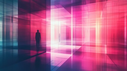 Silhouette person walking in abstract futuristic data architecture