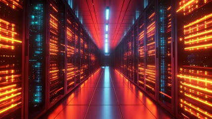 Data center with glowing server racks for connectivity