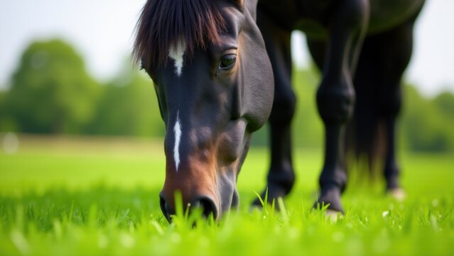 A close-up view of a horse grazing in a lush green field - Powered by Adobe