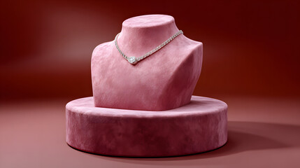 Elegant jewelry display featuring a diamond necklace on a plush pink velvet bust stand