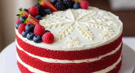 Deliciously decadent tall red velvet layer cake frosted with creamy white icing and adorned with fresh vibrant berries and fruit on top