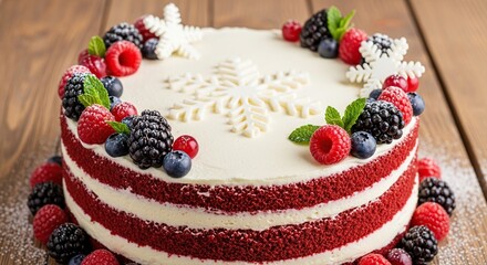 Deliciously decadent naked red velvet cake adorned with fresh mixed berries and a delicate white snowflake design perfect for winter celebrations