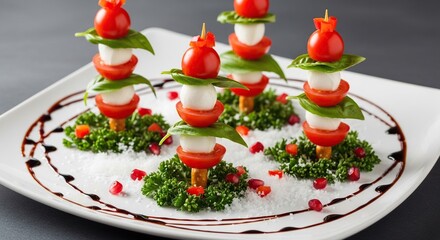 Festive caprese skewers shaped like christmas trees with balsamic glaze and pomegranate seeds on a white platter