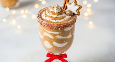 Festive caramel frappe topped with whipped cream and gingerbread cookie decoration on a white background with bokeh lights