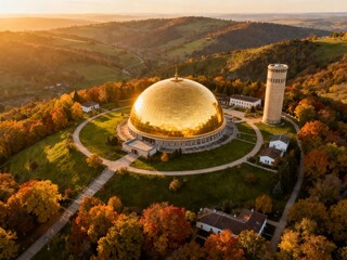 Obraz premium Aerial view of a golden-domed structure surrounded by autumn foliage in a hilly landscape at sunset