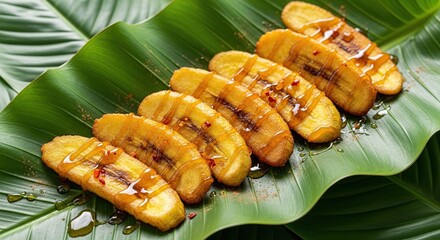 Delicious grilled plantain halves arranged diagonally on a large vibrant green tropical leaf showcasing a healthy and sweet tropical fruit dessert or snack