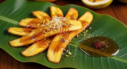 Deliciously sweet sliced bananas glazed with caramel sauce and toasted nuts sprinkled on a large green banana leaf with a side of savory sauce
