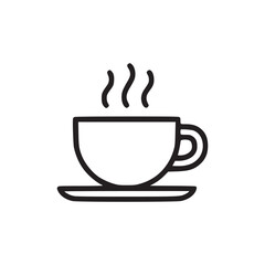 A simple black outline drawing of a steaming cup of coffee sitting on a saucer on a white background