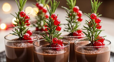Festive holiday chocolate dessert shooters garnished with rosemary sprigs and red berries creating a beautiful edible centerpiece for christmas celebrations