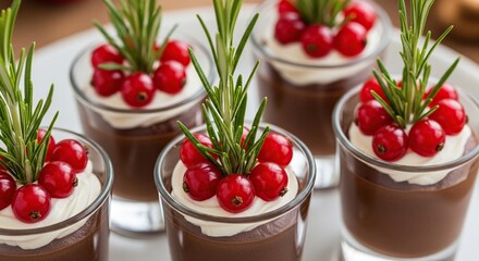 Delicious individual chocolate mousse desserts topped with whipped cream fresh cranberries and rosemary sprigs presented in clear glasses for a festive holiday gathering