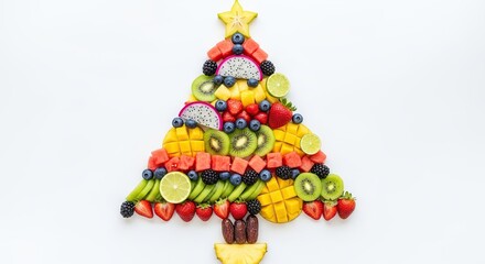 Festive christmas tree shaped fruit platter arrangement with a variety of fresh colorful fruits on a white background